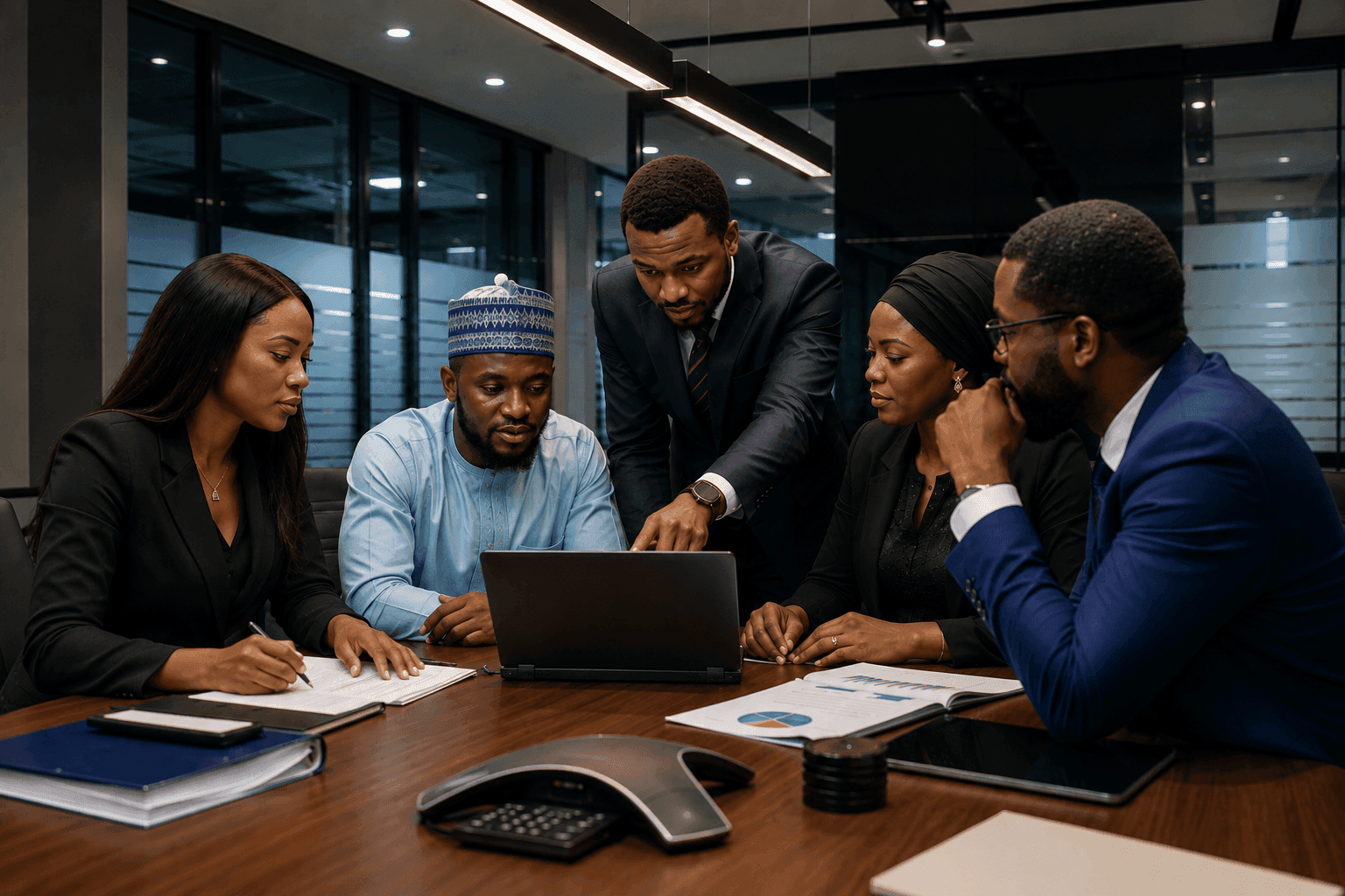 A group of professionals in discussion around a conference table